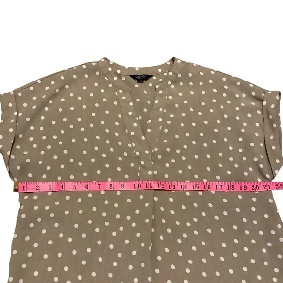 Rachel Roy Tan Polka Dot Split Neck Short Sleeve Blouse/ Size L - Picture 9 of 12